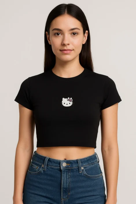 Hello Kitty Baskılı Siyah Crop
